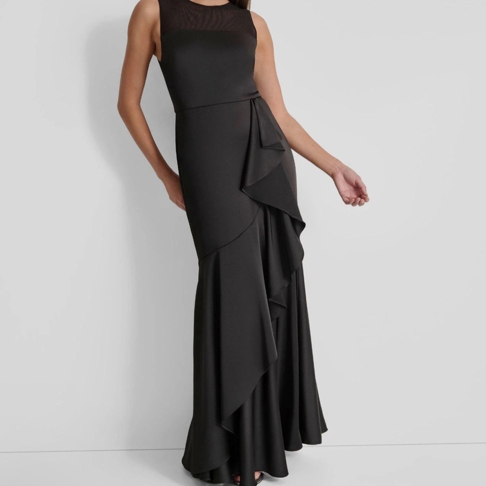 $229‎ DKNY Women's Black Mesh-Yoke Ruffled Draped Crewneck Sleeveless Dress 4